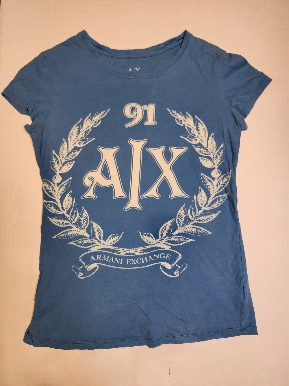 Vintage Armani Exchange Women's Blue Short-Sleeve A|X Crest Tee